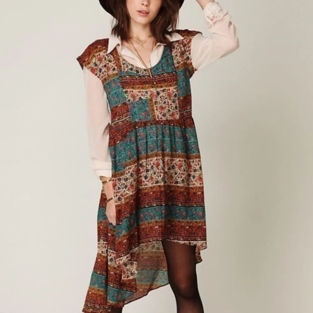 Free People Short Sleeve Coastal Tectonics Dress Boho High Low Sheer Overlay XS